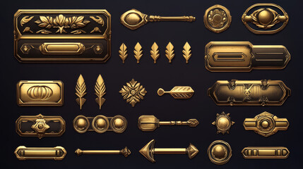 Gold game tablets, buttons, cartoon menu interface golden keys. Yellow metal boards, frames, ui or gui graphic design elements, arrows, planks and plaques user panel for rpg, isolated 2d vector set