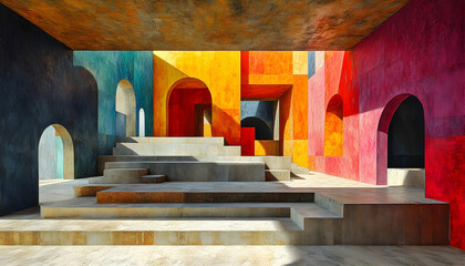 Poster - Vibrant, multi-colored architectural space with arched openings and tiered platforms.  Sunlight streams in