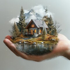 Poster - A Miniature World in Your Hand: Cozy Cabin Nestled in a Mountainous Forest, Mirrored in Water, Held Gently in Palm