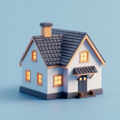 Aufkleber - Cute Cartoon House with Lighted Windows on Blue Background: A Miniature Home Sweet Home