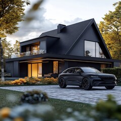 Poster - Luxurious Modern Black House with Car, Landscaping, and Cozy Interior Glow on an Autumn Evening.