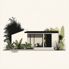 Aufkleber - Sleek Modern Home with Lush Tropical Landscaping and Clean Architectural Lines, Minimalist Design and Inviting Tranquility.