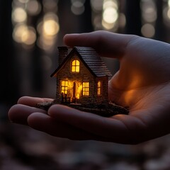 Aufkleber - Tiny Home in Hand: Illuminated Miniature House held Against a Blurry Forest Backdrop, a Dream of Security and Warmth