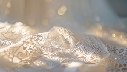 Poster - delicate lace fabric illuminated by soft light highlighting intricate patterns and textures during e