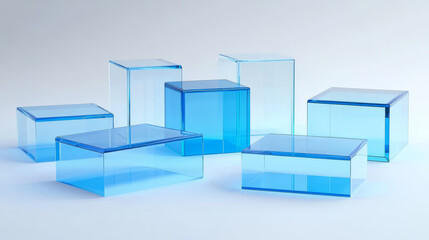 Poster - 3d glass podiums, crystal platforms for product display. Empty clear stands different geometric shapes. Pedestals from blue plexiglass isolated on transparent background, vector realistic set