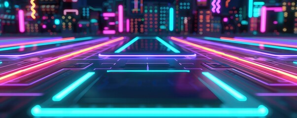 Poster - Futuristic Neon Cityscape with Vibrant Lights and Reflections on a Digital Road Surface