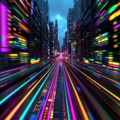 Poster - Neon Cityscape with Vibrant Lights and Fast-Moving Lines in Futuristic Urban Environment