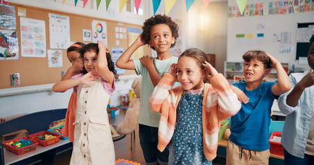 Poster - Learning, dance and group of children in classroom together for coordination or motor skills development. Education, music or study with boy and girl students in school for scholarship as friends
