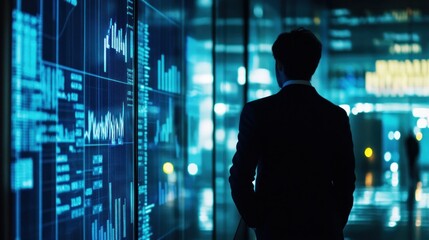 Poster - Businessman Contemplating Data at Night