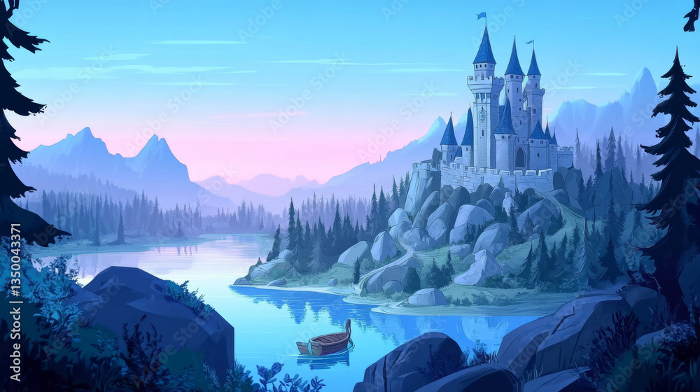 Fantasy medieval castle on rock at morning. Vector parallax background ...