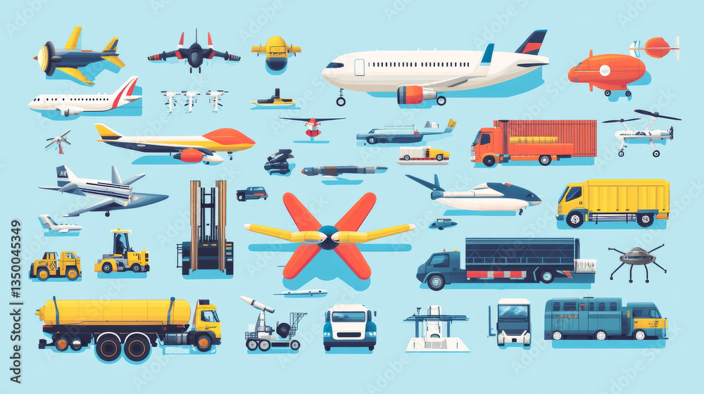 Transport poster with airplanes, blimp, truck, car, sweeper, drones ...