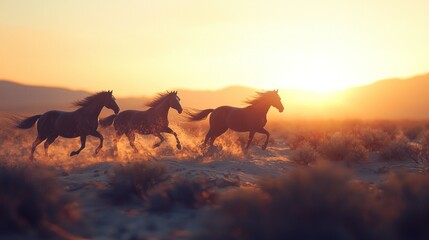 Naklejka na meble Majestic Sunset Run: Wild Horses Galloping Across the Desert Plains