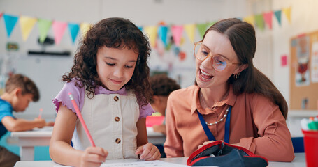 Aufkleber - Education, girl or teacher with help, learning or fine motor skills with literacy knowledge. Child development, woman or student in classroom, creativity or advice with assessment, writing or support