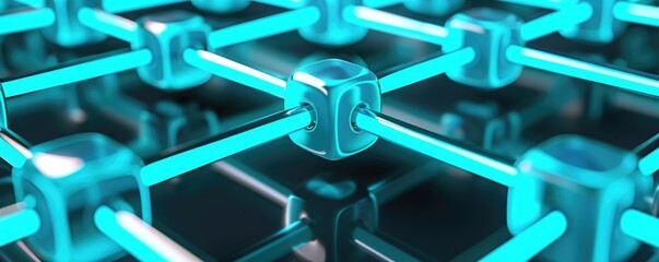 Poster - Abstract Network Structure Cubes Glowing Turquoise Connected Nodes Digital Technology Background