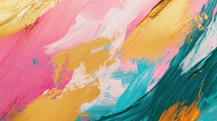 Poster - Abstract painting with pink, gold, teal, and white brushstrokes.