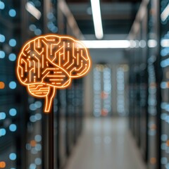 Poster - Illuminated Circuit Brain Symbol in Modern Data Center Server Room AI Technology Concept