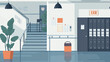 © Nari - Empty school hall with locker, stairs and exit signboard cartoon background. Vector illustration of office hallway interior design with toilet door. Modern university lobby indoor scene.