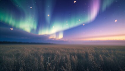 Poster - Majestic northern lights illuminate the night sky over a tranquil field at dusk