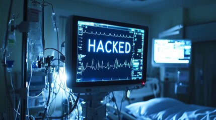 Poster - Hospital Medical Equipment Screen Hacked Cyber Security Threat Digital Alert Warning Blue Light Intensive Care Unit Patient Monitor Data Breach Risk  