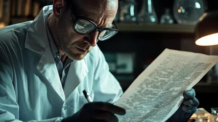 Poster - Scientist analyzes research documents late at night in lab environment, scientist reading documents with the results of the research