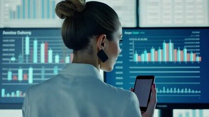 Poster - financial data analysis by a businesswoman with digital screens in a modern office, financial data p