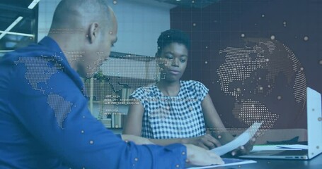 Poster - Collaborating with digital world map and data overlay, business professionals in office