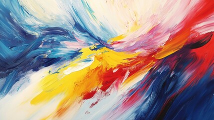 Poster - Vibrant abstract painting with dynamic brushstrokes in blue, red, yellow, and white.
