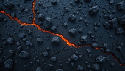 Poster - Cracked Lava Rock Surface with Glowing Magma Crevices at Night