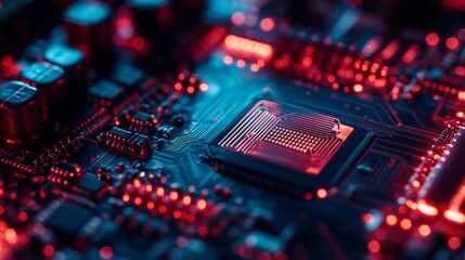 Poster - abstract red blue circuit board technology background digital electronic hardware closeup modern inn