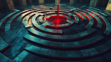 Poster - Circular stone maze with red light at center.