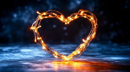 Poster - Glowing heart-shaped string lights on dark background.