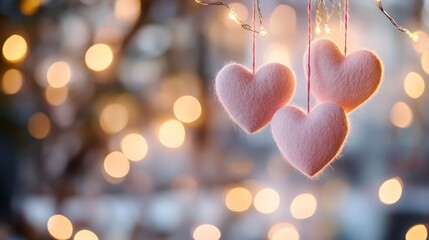 Poster - Three pink felt hearts hanging against a bokeh background of warm lights.