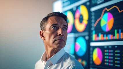Poster - Businessman analyzes data trends from visual displays in a modern office during the day
