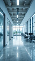 Poster - Modern Office Interior with Glass Walls and City Skyline View