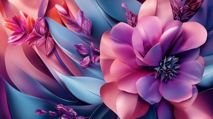 Poster - Abstract floral design with vibrant pink, purple, and blue hues, featuring stylized flowers and leaves in a flowing, wave-like pattern.