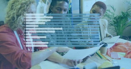 Poster - Diverse team discussing documents with financial data processing animation overlay