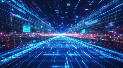 Poster - Abstract Digital Technology Tunnel Futuristic Neon Blue Pink Lines Data Stream Network Information Highway Speed Light Bright Modern Background Design