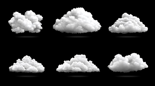 Collection of realistic white clouds isolated on black background.