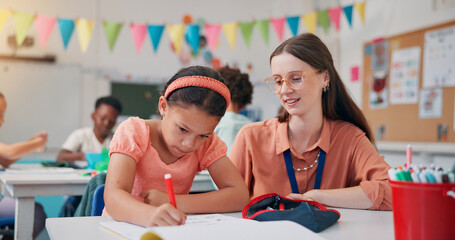 Poster - Writing, girl and teacher in classroom, learning and advice with literacy knowledge. Child development, woman or students in school, education or test with assessment, questions and fine motor skills