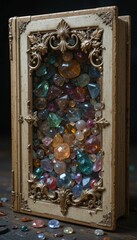 Poster - Vintage Book Cover with Colorful Gemstones Inside and Around It
