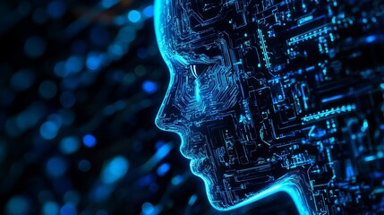 Poster - Digital Human Profile Circuitry Technology Abstract Neural Network Artificial Intelligence Futuristic Blue Glowing Lines Modern Design Graphic        