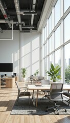 Poster - Bright and Modern Open Office Space with Large Windows and Greenery