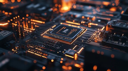 Poster - abstract technology background digital circuit board glowing orange lines modern technology powerful