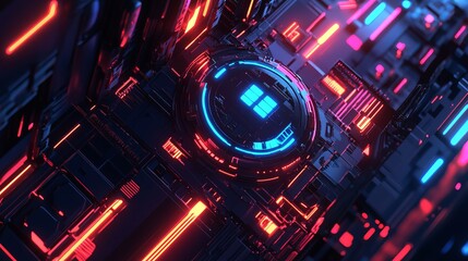 Poster - Abstract Neon Cyberpunk Technology Background Red Blue Futuristic Digital Art Modern Geometric Design Glowing Lines Circuit Board 3D Render Seamless  
