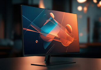 Fototapete - Modern mockup of a sleek computer monitor displaying abstract digital art