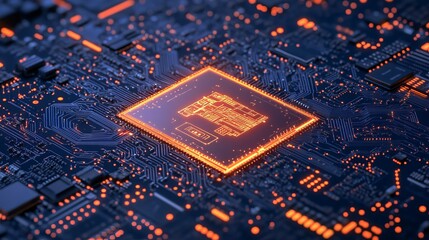 Poster - abstract technology background digital circuit board glowing orange microchip processor hightech inn
