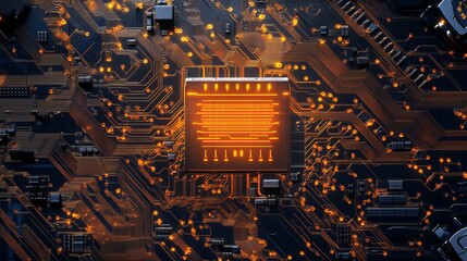 Poster - Abstract Orange Circuit Board Technology Background Digital Design Modern Futuristic Pattern High Tech Electronic Glowing Lines Innovation Microchip  