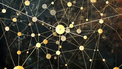 Fototapete - Network of connections over golden dots on a black background highlighting interlinked structures, network of connections over spots on black background