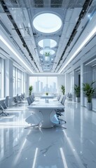 Poster - Modern Corporate Office Interior with Bright Windows and Green Plants