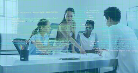 Poster - Collaborating over digital data and coding interface, business team in office